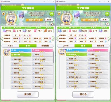 【ウマ娘】汎用で使える祖父母キャラを作りたくて頑張ってオグリで因子周回してたんだが、この2体だとどちらにレポート使うべきなんだ？？